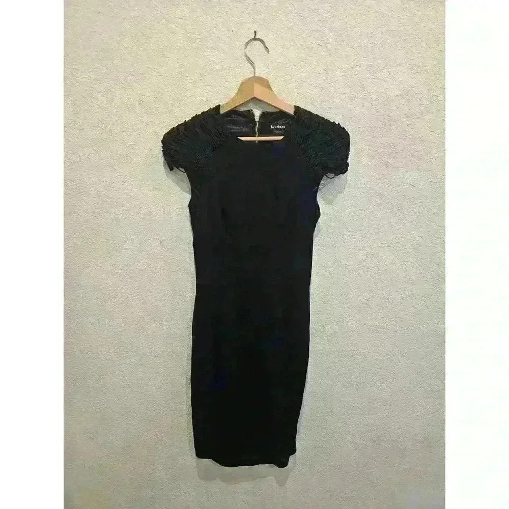 Bebe Womens Pencil Dress Sz S Black Midi Knot Shoulder - Picture 2 of 4
